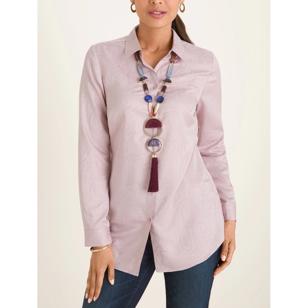 NWT‎ Chicos Womens Paisley Jaquard Button Up Shirt 3 Venetian Pink Chic Pastel